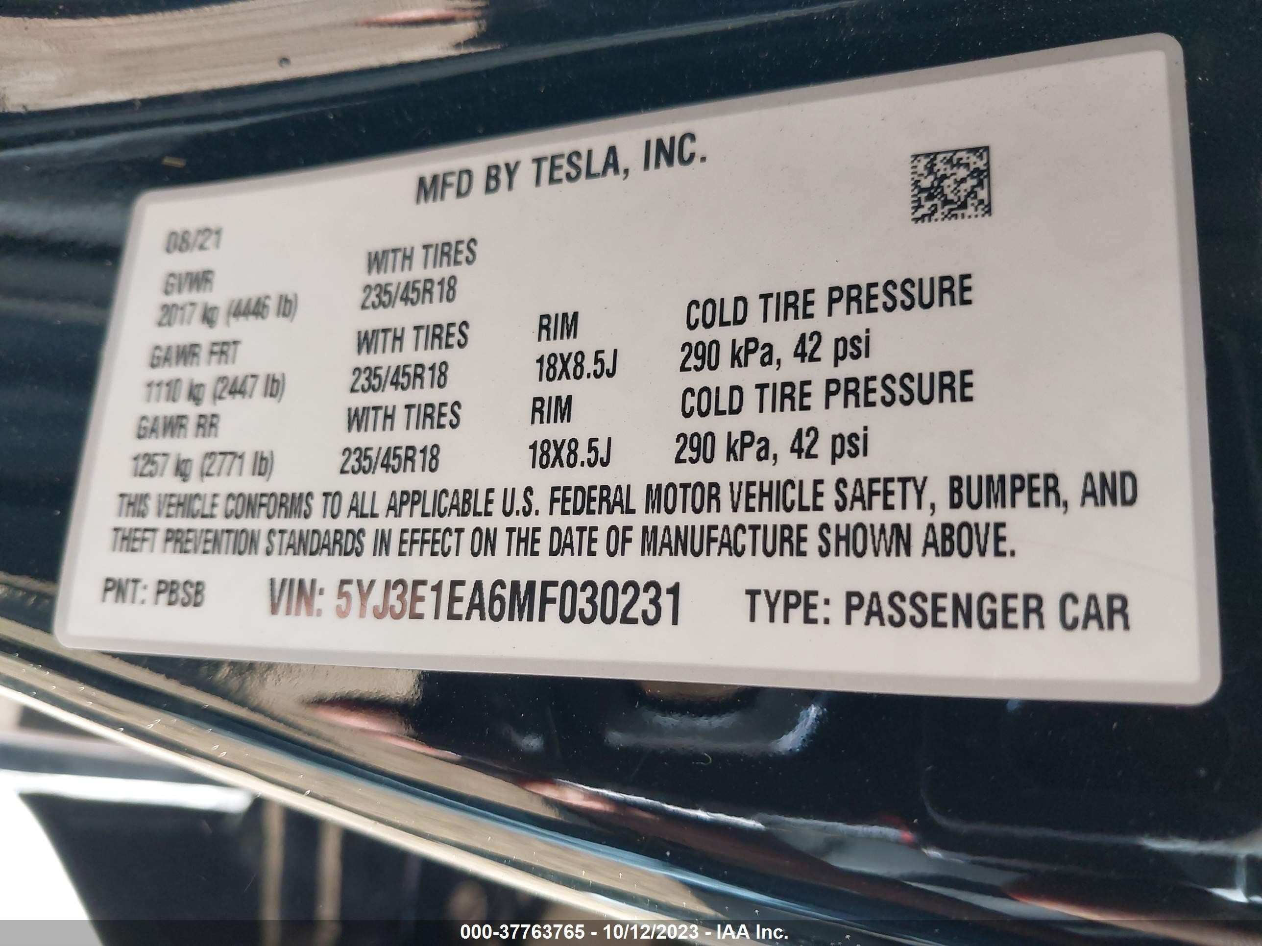 Photo 8 VIN: 5YJ3E1EA6MF030231 - TESLA MODEL 3 