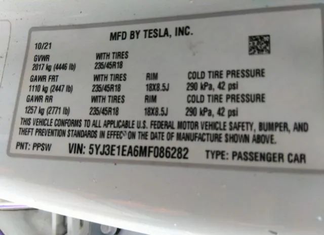 Photo 8 VIN: 5YJ3E1EA6MF086282 - TESLA MODEL 3 