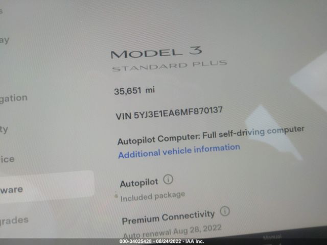 Photo 8 VIN: 5YJ3E1EA6MF870137 - TESLA MODEL 3 