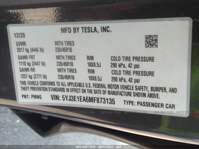 Photo 8 VIN: 5YJ3E1EA6MF873135 - TESLA MODEL 3 