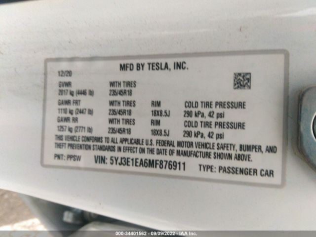 Photo 8 VIN: 5YJ3E1EA6MF876911 - TESLA MODEL 3 