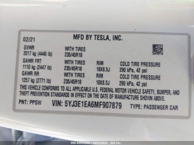 Photo 8 VIN: 5YJ3E1EA6MF907879 - TESLA MODEL 3 