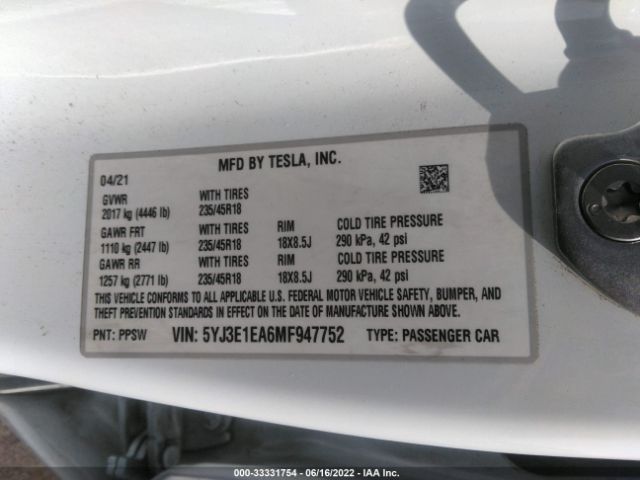 Photo 8 VIN: 5YJ3E1EA6MF947752 - TESLA MODEL 3 