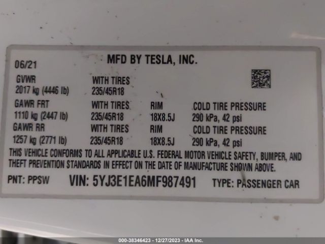 Photo 8 VIN: 5YJ3E1EA6MF987491 - TESLA MODEL 3 