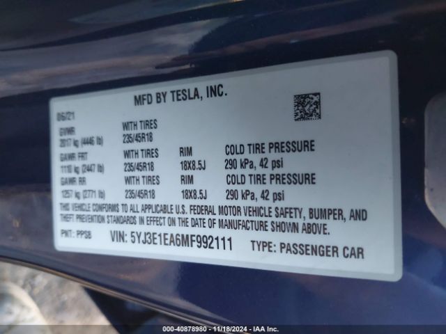 Photo 8 VIN: 5YJ3E1EA6MF992111 - TESLA MODEL 3 