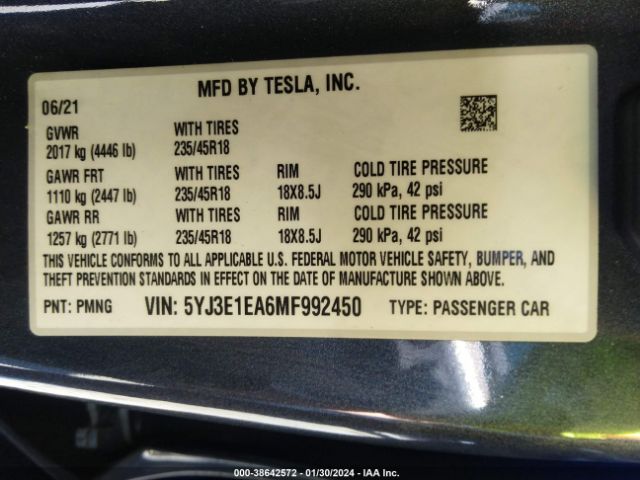 Photo 8 VIN: 5YJ3E1EA6MF992450 - TESLA MODEL 3 