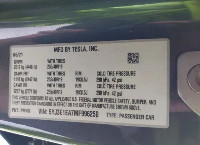 Photo 8 VIN: 5YJ3E1EA6MF996269 - TESLA MODEL 3 