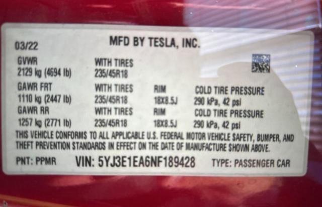 Photo 9 VIN: 5YJ3E1EA6NF189428 - TESLA MODEL 3 