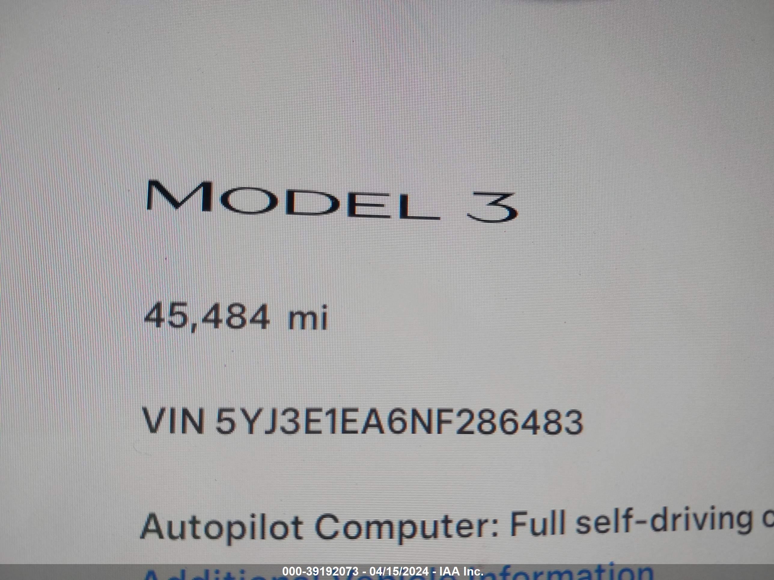 Photo 6 VIN: 5YJ3E1EA6NF286483 - TESLA MODEL 3 