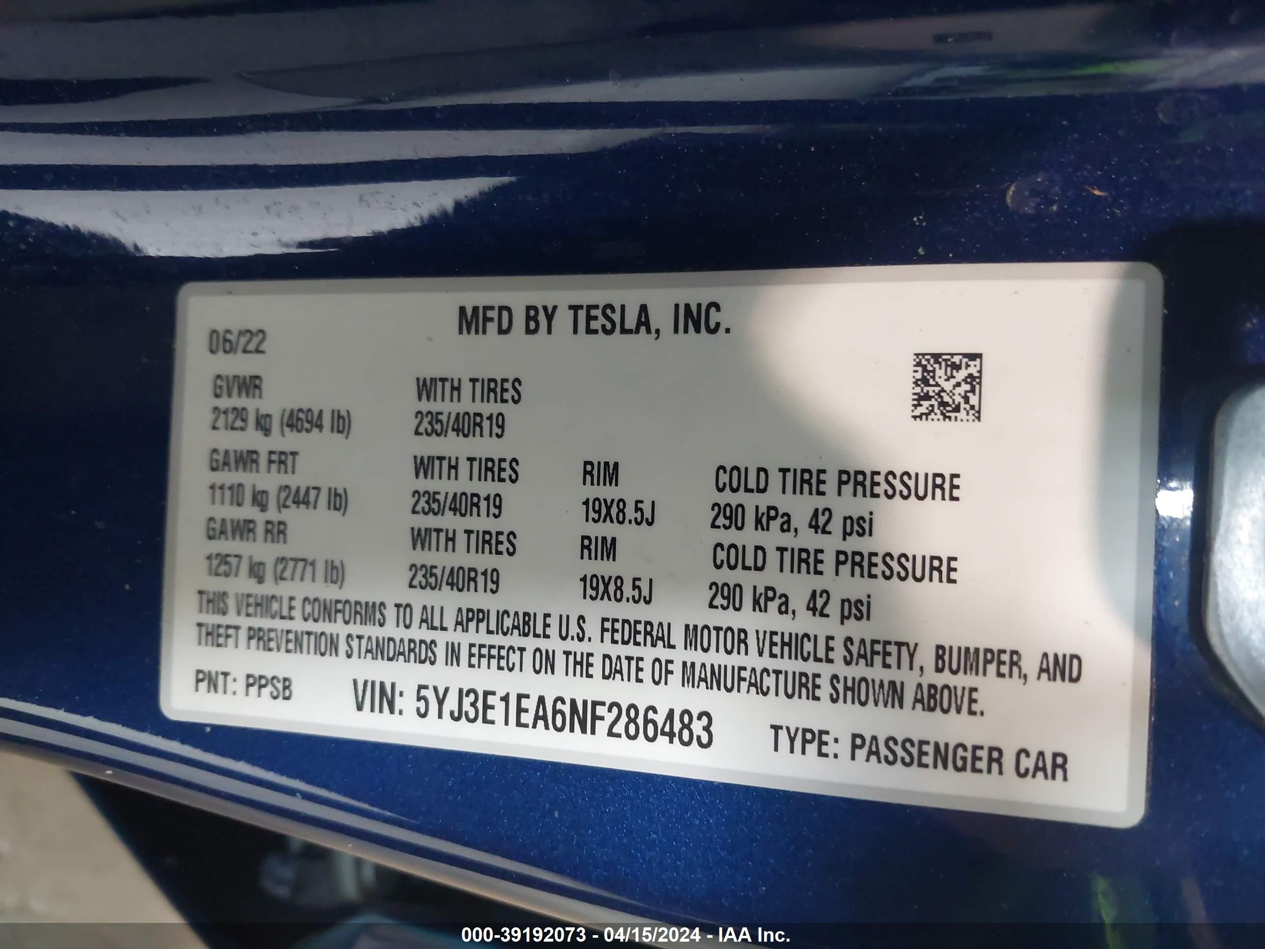 Photo 8 VIN: 5YJ3E1EA6NF286483 - TESLA MODEL 3 