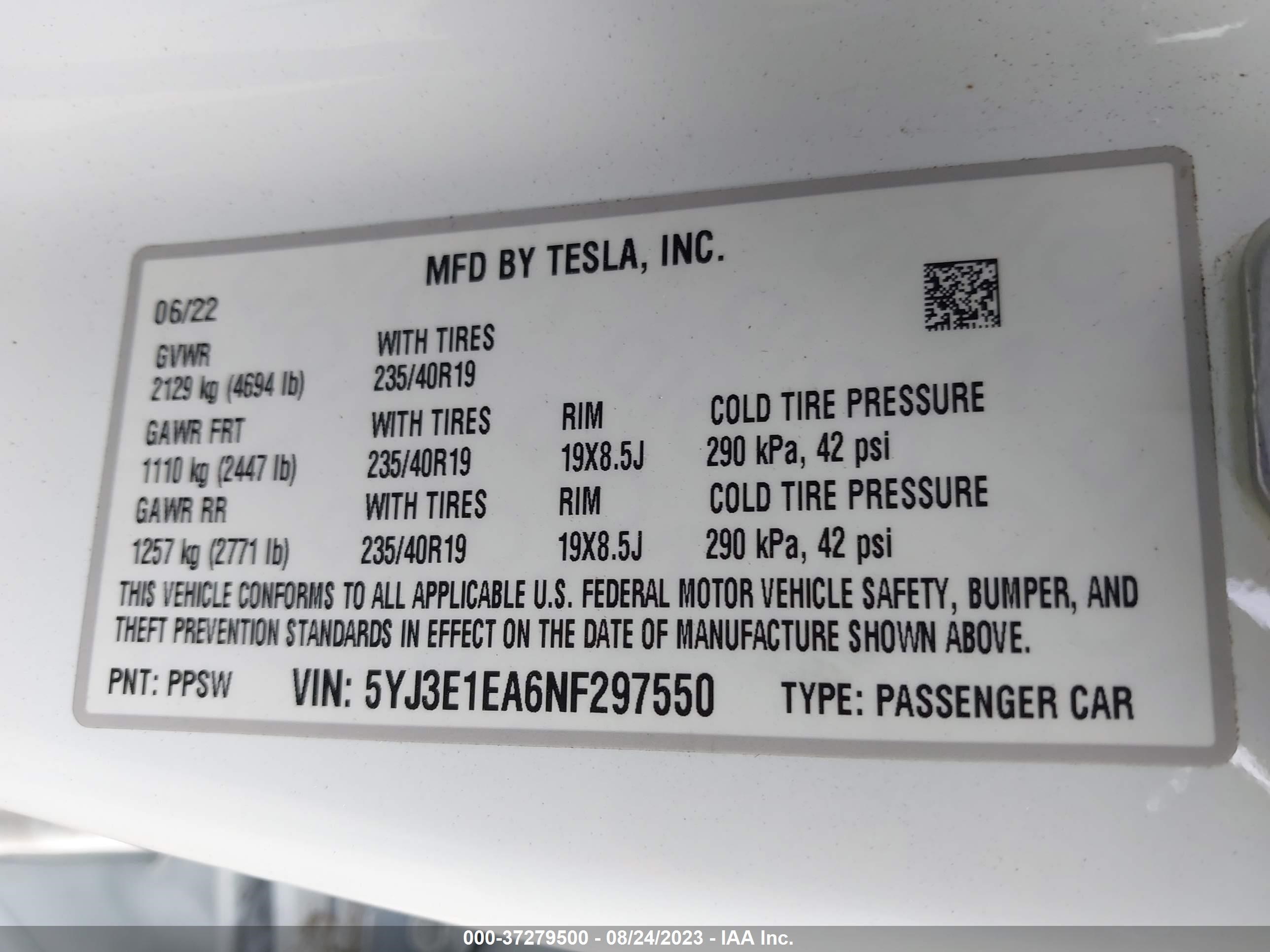 Photo 8 VIN: 5YJ3E1EA6NF297550 - TESLA MODEL 3 