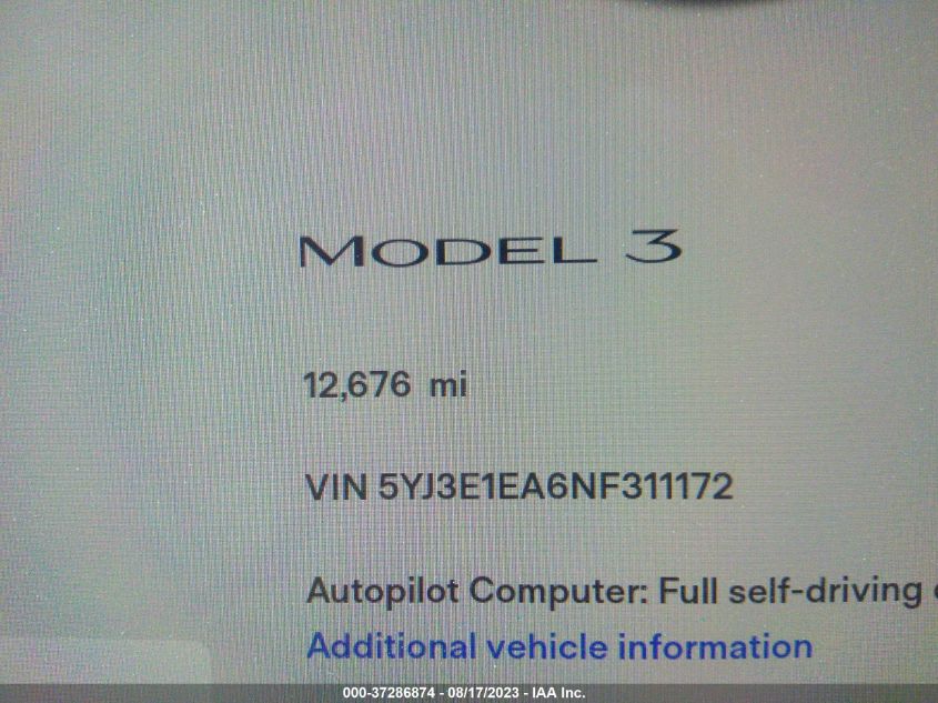 Photo 14 VIN: 5YJ3E1EA6NF311172 - TESLA MODEL 3 