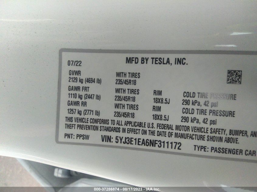 Photo 8 VIN: 5YJ3E1EA6NF311172 - TESLA MODEL 3 