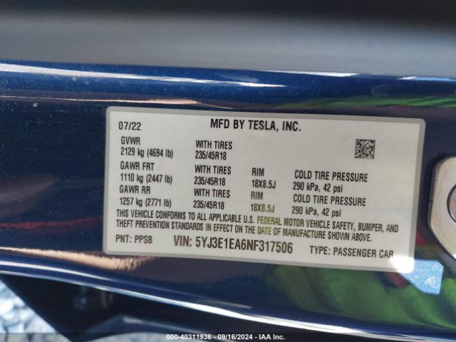 Photo 8 VIN: 5YJ3E1EA6NF317506 - TESLA MODEL 3 