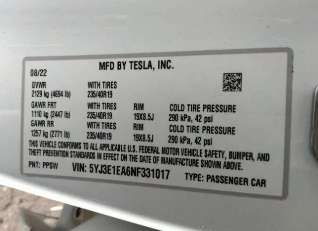 Photo 8 VIN: 5YJ3E1EA6NF331017 - TESLA MODEL 3 