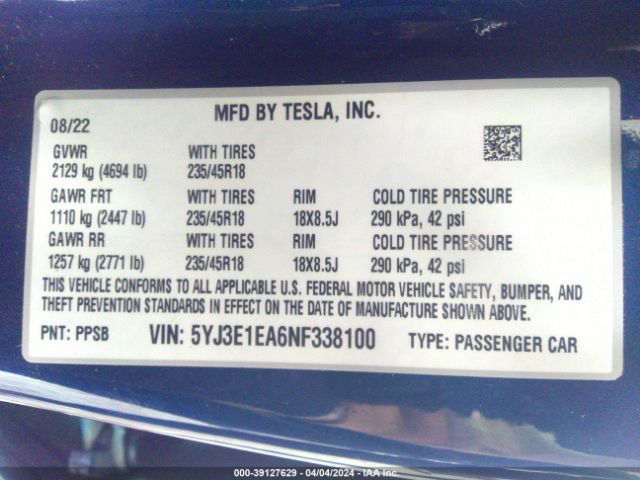 Photo 8 VIN: 5YJ3E1EA6NF338100 - TESLA MODEL 3 