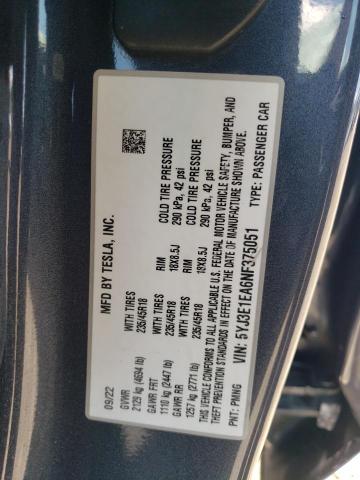 Photo 12 VIN: 5YJ3E1EA6NF375051 - TESLA MODEL 3 