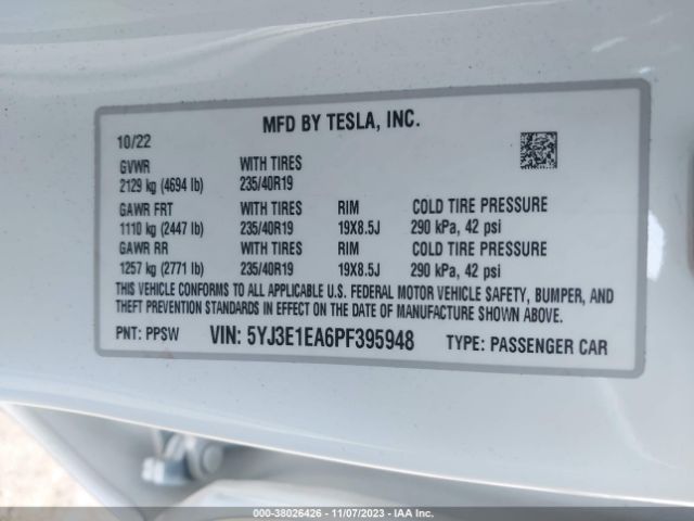 Photo 8 VIN: 5YJ3E1EA6PF395948 - TESLA MODEL 3 