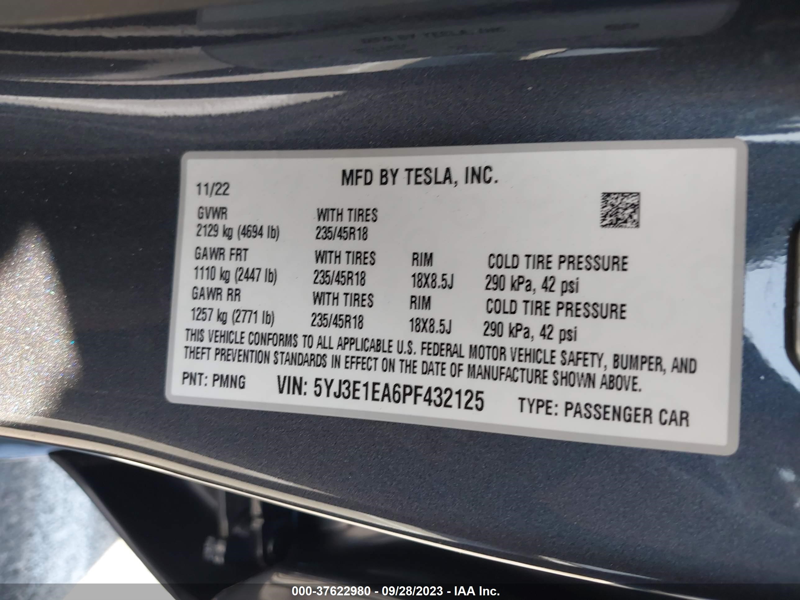 Photo 8 VIN: 5YJ3E1EA6PF432125 - TESLA MODEL 3 