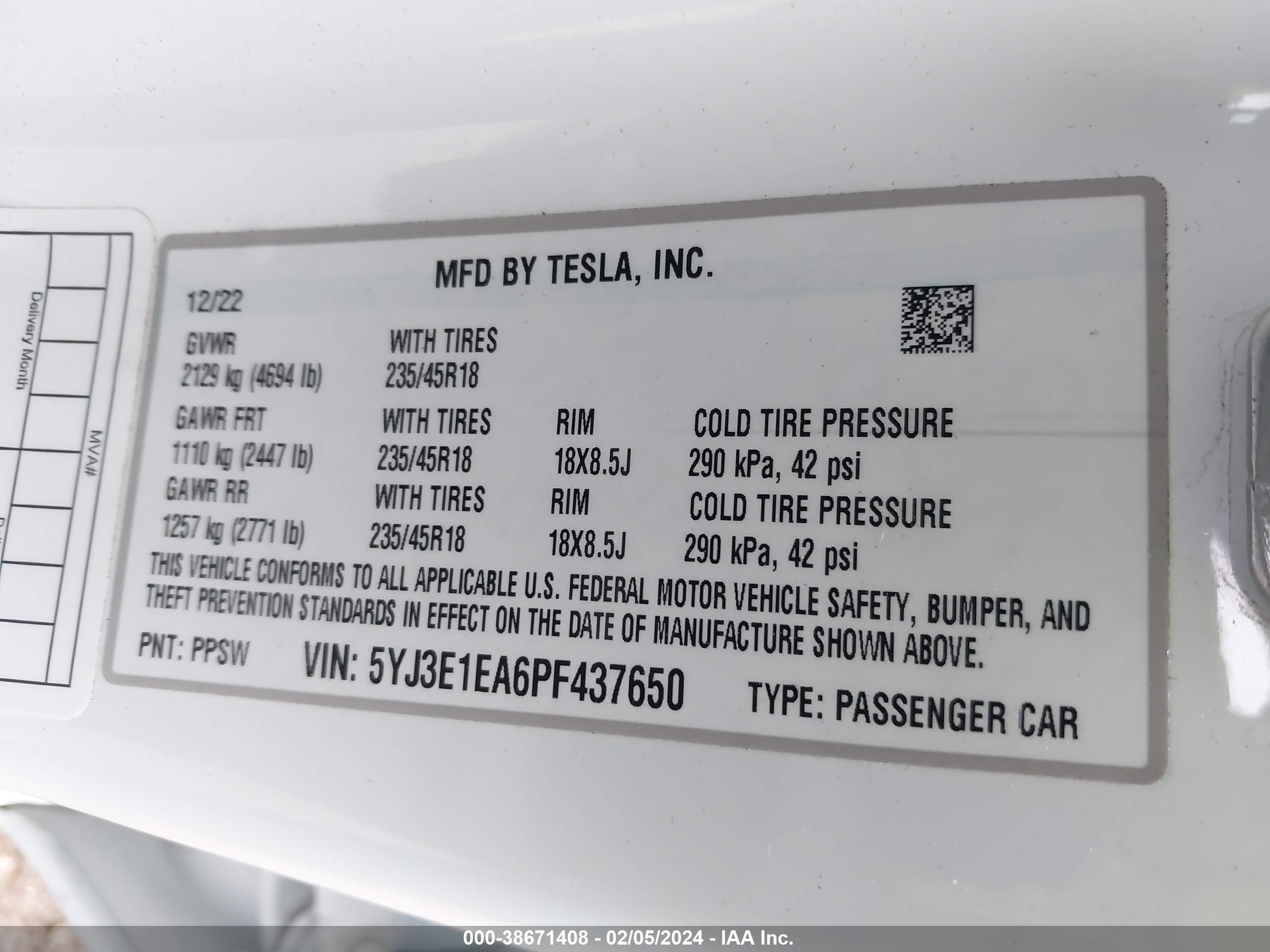 Photo 8 VIN: 5YJ3E1EA6PF437650 - TESLA MODEL 3 