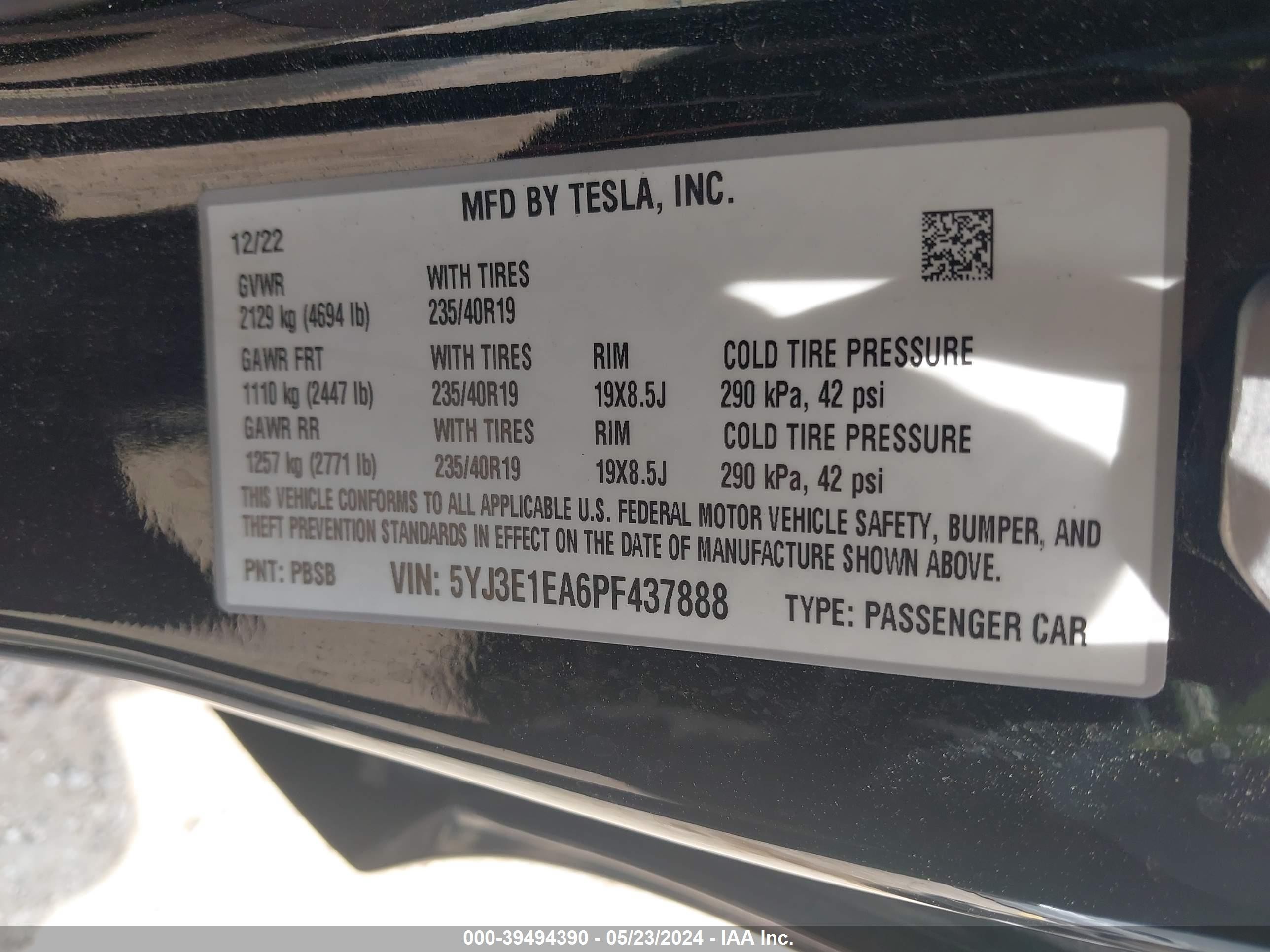 Photo 8 VIN: 5YJ3E1EA6PF437888 - TESLA MODEL 3 