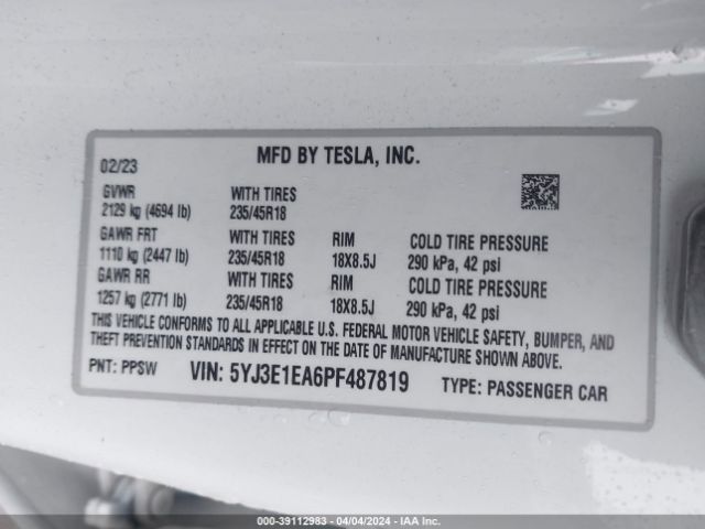 Photo 8 VIN: 5YJ3E1EA6PF487819 - TESLA MODEL 3 