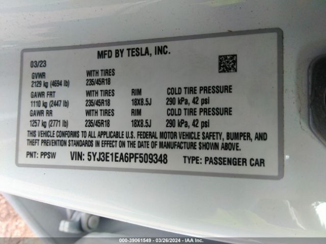 Photo 8 VIN: 5YJ3E1EA6PF509348 - TESLA MODEL 3 