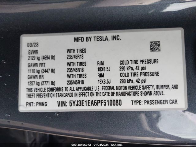 Photo 8 VIN: 5YJ3E1EA6PF510080 - TESLA MODEL 3 