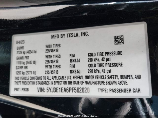 Photo 8 VIN: 5YJ3E1EA6PF562020 - TESLA MODEL 3 