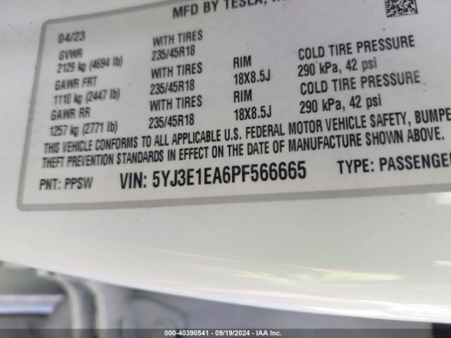 Photo 8 VIN: 5YJ3E1EA6PF566665 - TESLA MODEL 3 