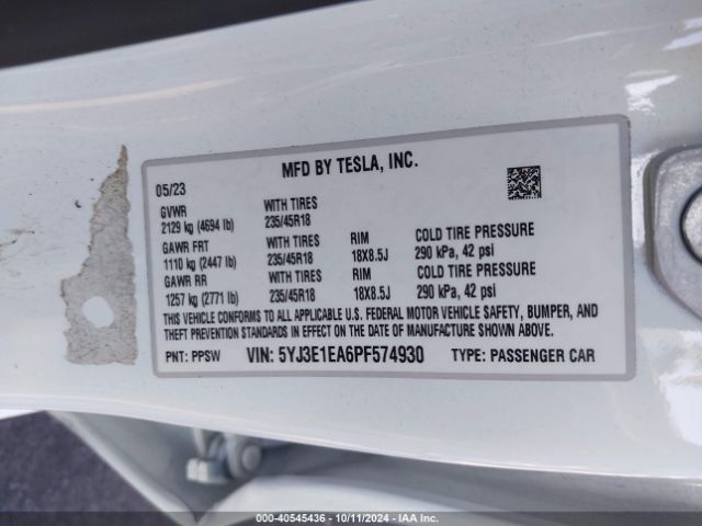 Photo 8 VIN: 5YJ3E1EA6PF574930 - TESLA MODEL 3 