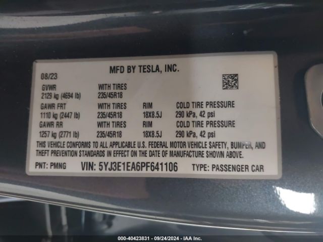 Photo 8 VIN: 5YJ3E1EA6PF641106 - TESLA MODEL 3 