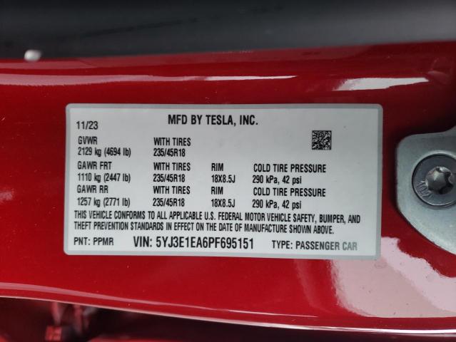 Photo 11 VIN: 5YJ3E1EA6PF695151 - TESLA MODEL 3 