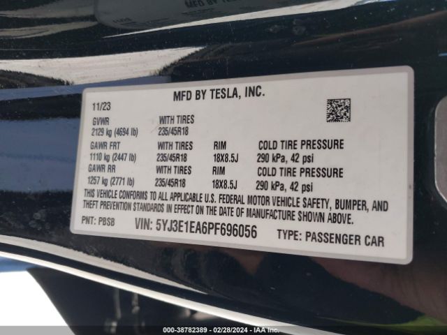 Photo 8 VIN: 5YJ3E1EA6PF696056 - TESLA MODEL 3 