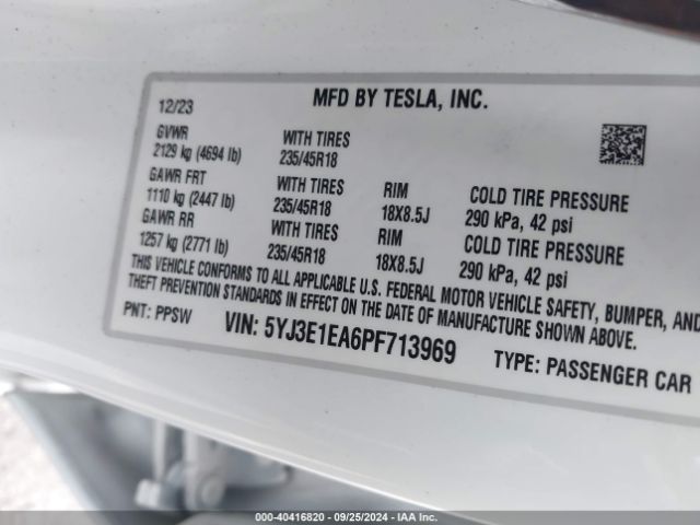 Photo 8 VIN: 5YJ3E1EA6PF713969 - TESLA MODEL 3 