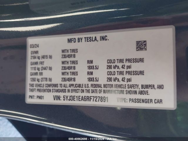 Photo 8 VIN: 5YJ3E1EA6RF727891 - TESLA MODEL 3 