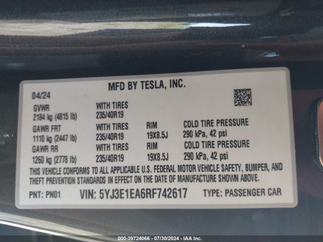 Photo 8 VIN: 5YJ3E1EA6RF742617 - TESLA MODEL 3 