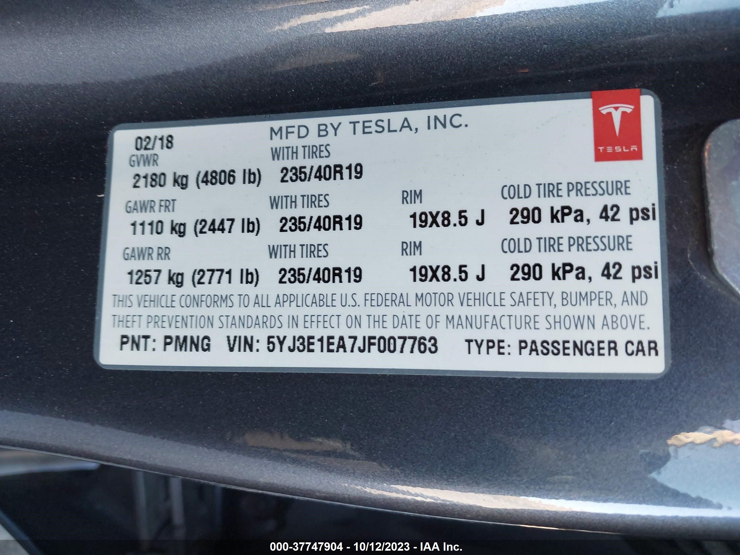 Photo 8 VIN: 5YJ3E1EA7JF007763 - TESLA MODEL 3 