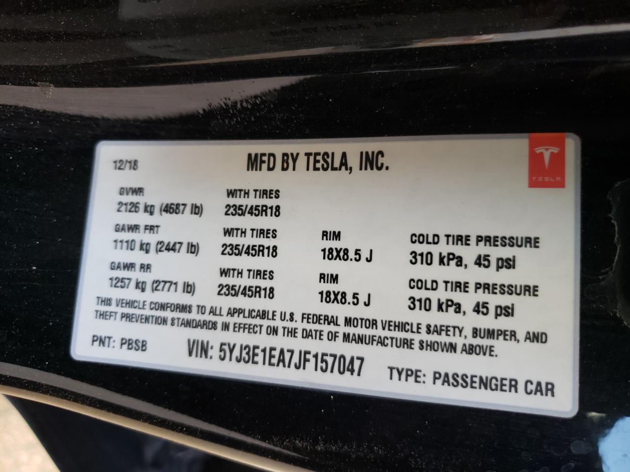 Photo 11 VIN: 5YJ3E1EA7JF157047 - TESLA MODEL 3 