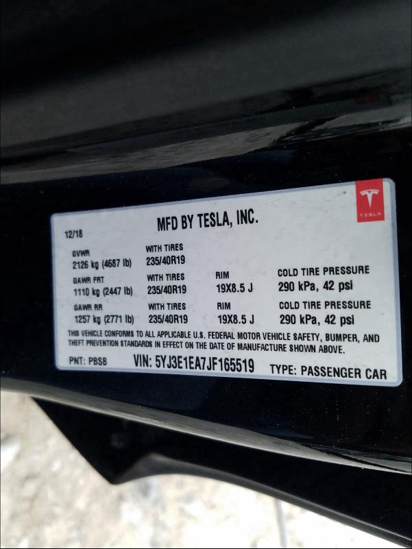 Photo 9 VIN: 5YJ3E1EA7JF165519 - TESLA MODEL 3 