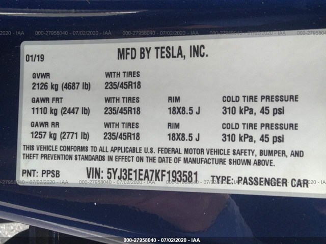 Photo 8 VIN: 5YJ3E1EA7KF193581 - TESLA MODEL 3 