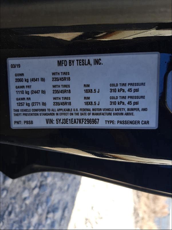 Photo 9 VIN: 5YJ3E1EA7KF296967 - TESLA MODEL 3 