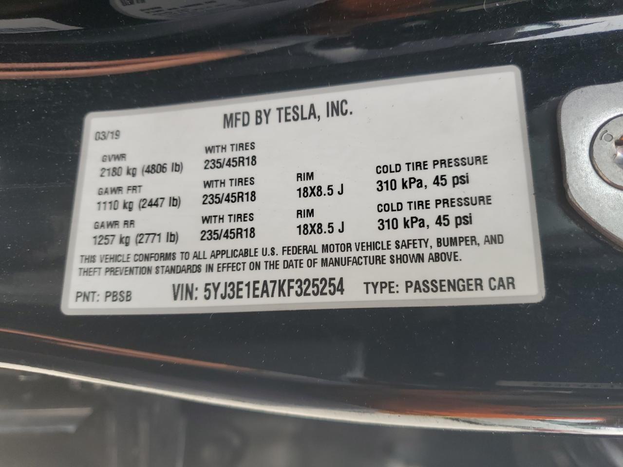 Photo 11 VIN: 5YJ3E1EA7KF325254 - TESLA MODEL 3 