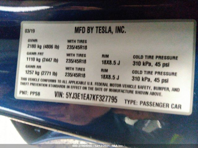 Photo 8 VIN: 5YJ3E1EA7KF327795 - TESLA MODEL 3 