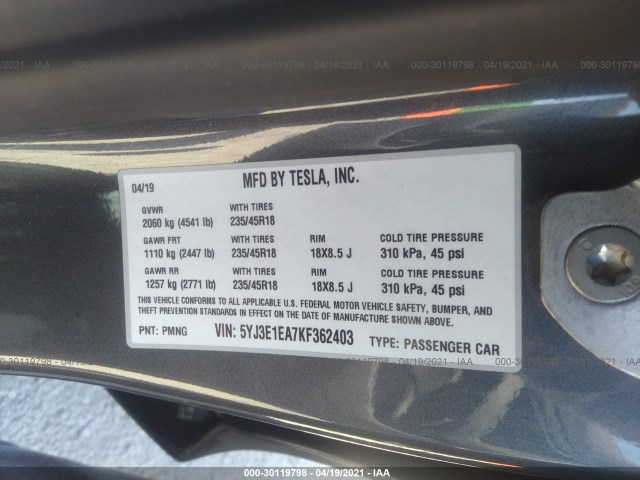 Photo 8 VIN: 5YJ3E1EA7KF362403 - TESLA MODEL 3 