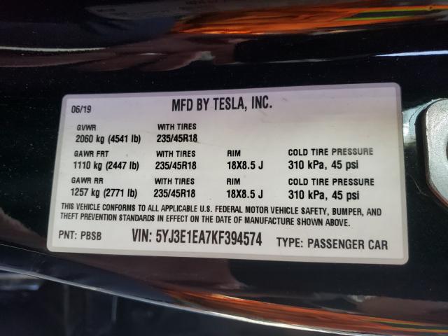 Photo 9 VIN: 5YJ3E1EA7KF394574 - TESLA MODEL 3 