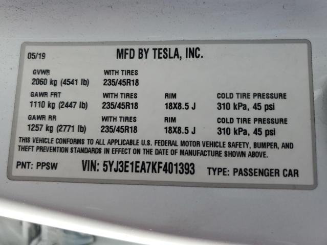 Photo 11 VIN: 5YJ3E1EA7KF401393 - TESLA MODEL 3 