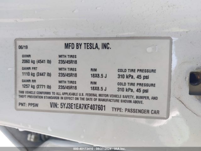 Photo 8 VIN: 5YJ3E1EA7KF407601 - TESLA MODEL 3 