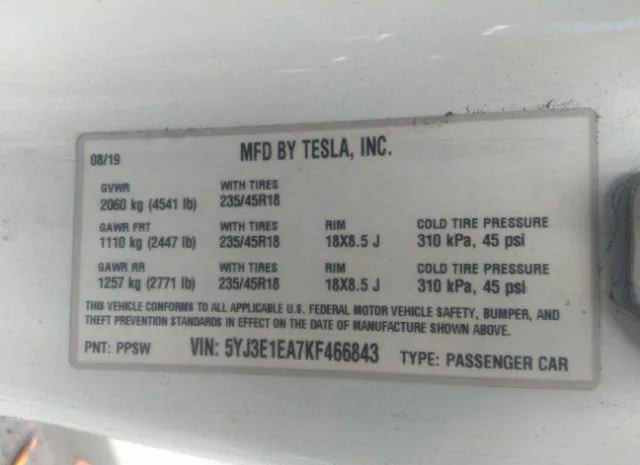 Photo 8 VIN: 5YJ3E1EA7KF466843 - TESLA MODEL 3 