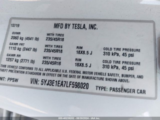 Photo 8 VIN: 5YJ3E1EA7LF598020 - TESLA MODEL 3 